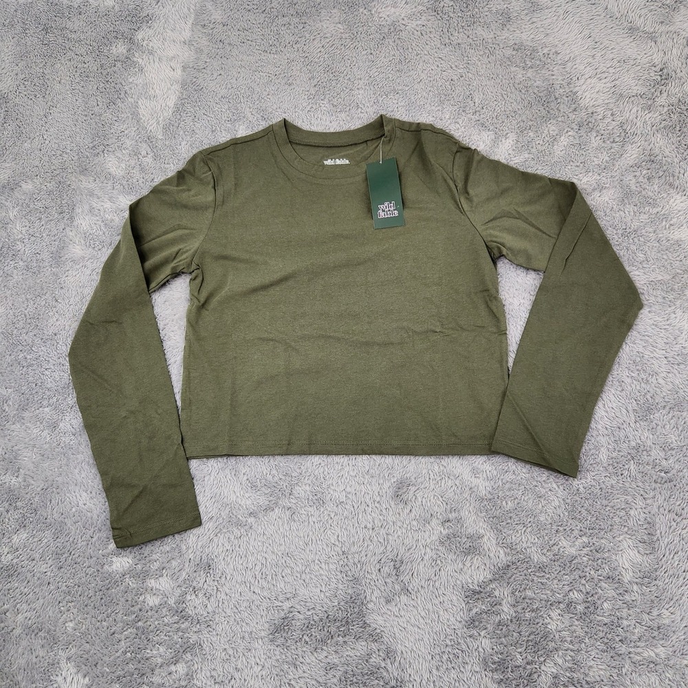 Wild‎ Fable LS Value Tee Women XS Olive Green Crew Neck Cropped Cotton Basic